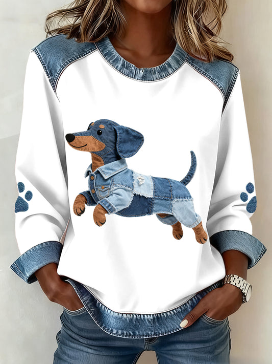 Women's Lovely Dachshund Dog Pattern Denim Patchwork Sweatshirt