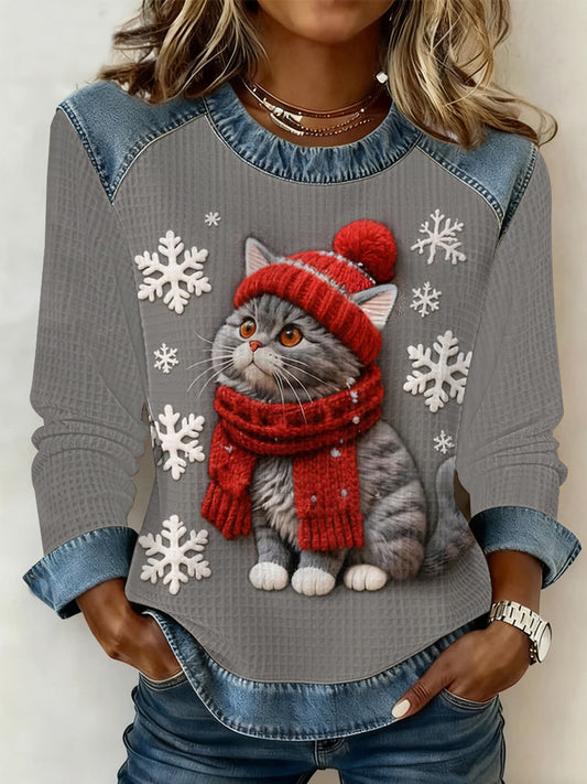 Women's Cute Christmas Cat Denim Patchwork Top