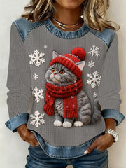 Women's Cute Christmas Cat Denim Patchwork Top gracestitchs