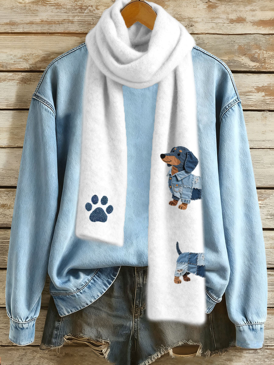Denim Patchwork Art Dachshund Dog Pattern Scarf