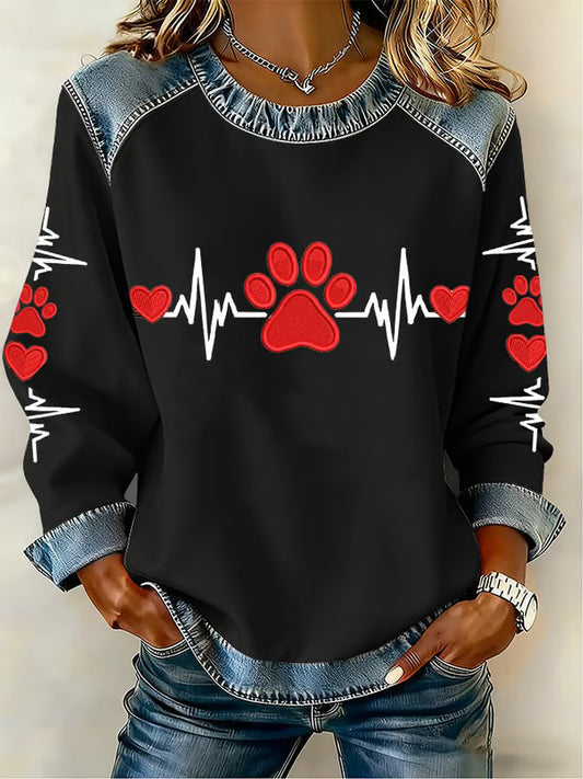 Women's Fun Animal Patterns Denim Patchwork Sweatshirt