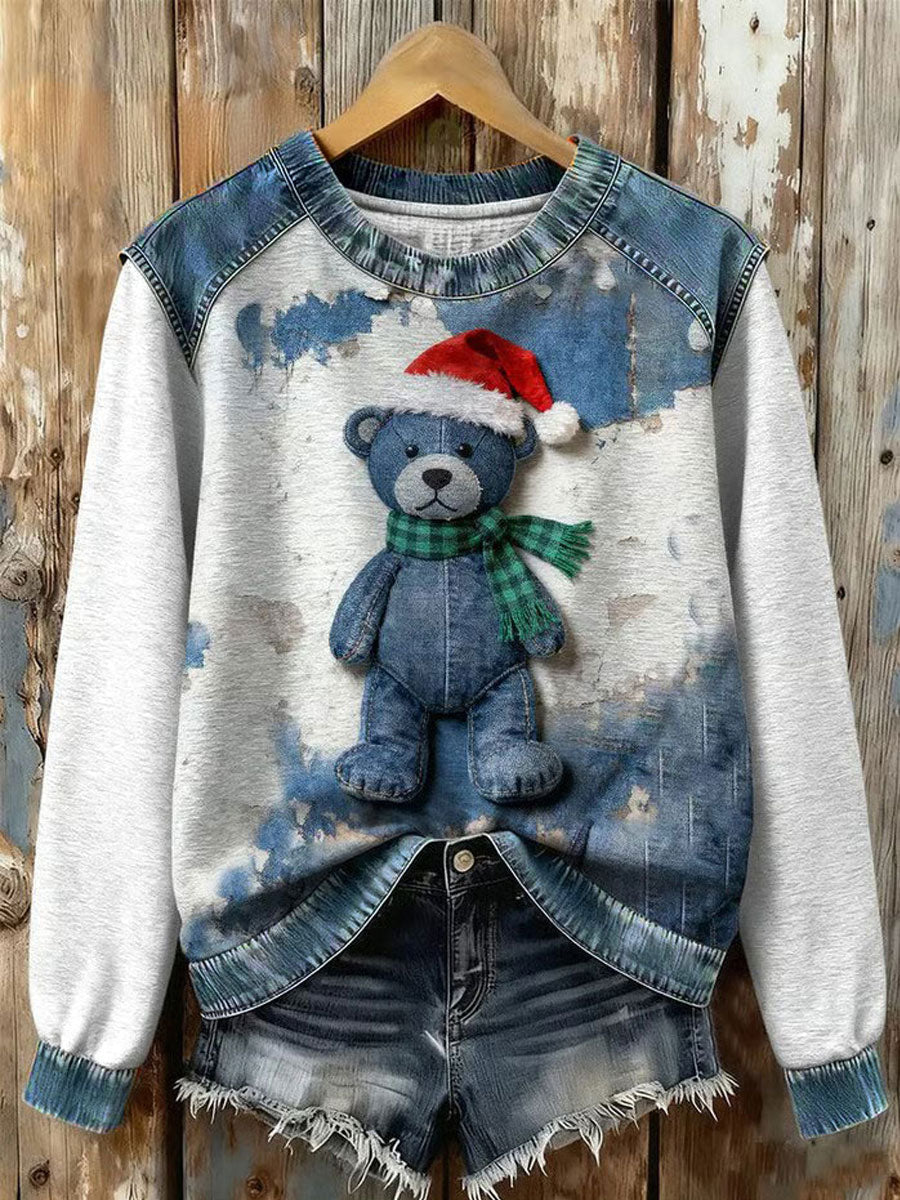 Women's Art Bear Denim Patchwork Sweatshirt gracestitchs