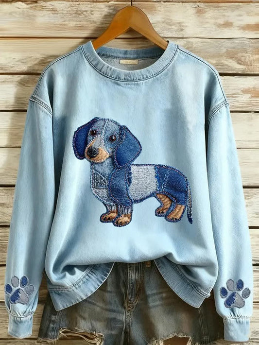 Women's Art Dog Denim Printed Sweatshirt gracestitchs