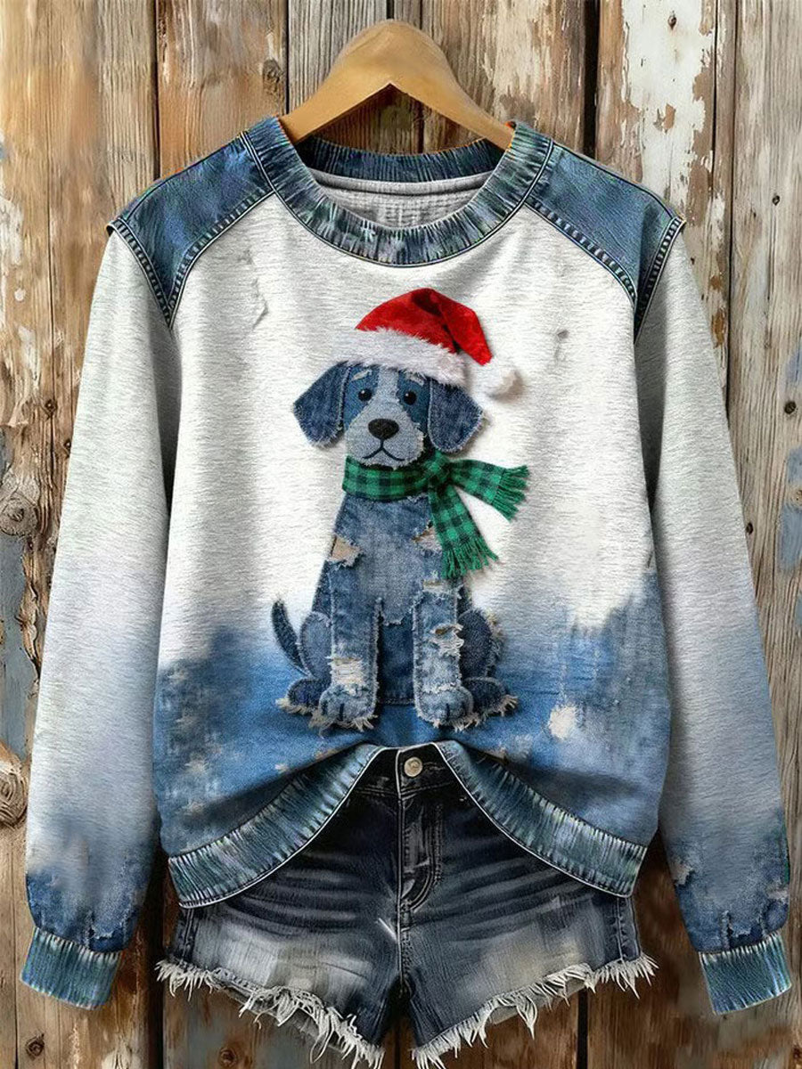 Women's Art Dog Denim Patchwork Sweatshirt gracestitchs