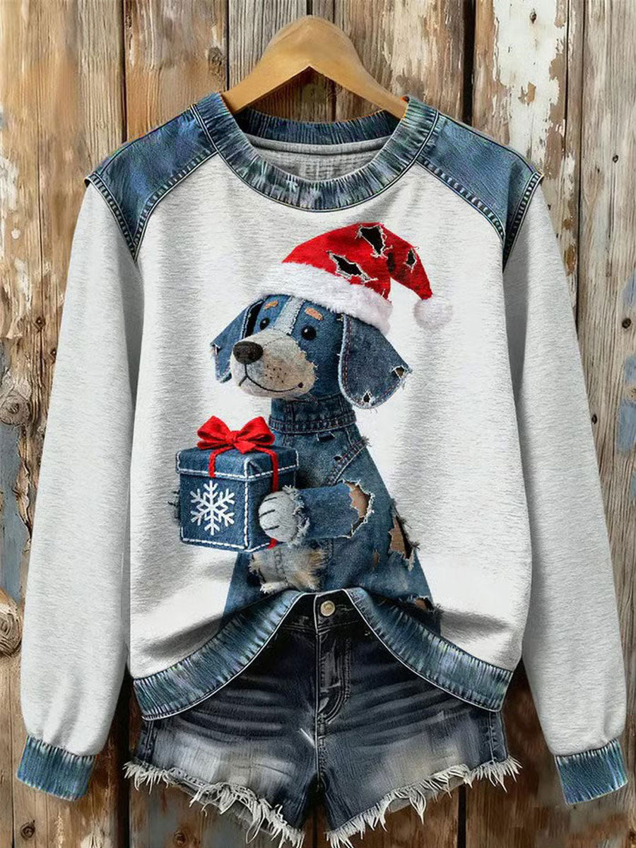 Women's Art Dog Denim Patchwork Sweatshirt gracestitchs