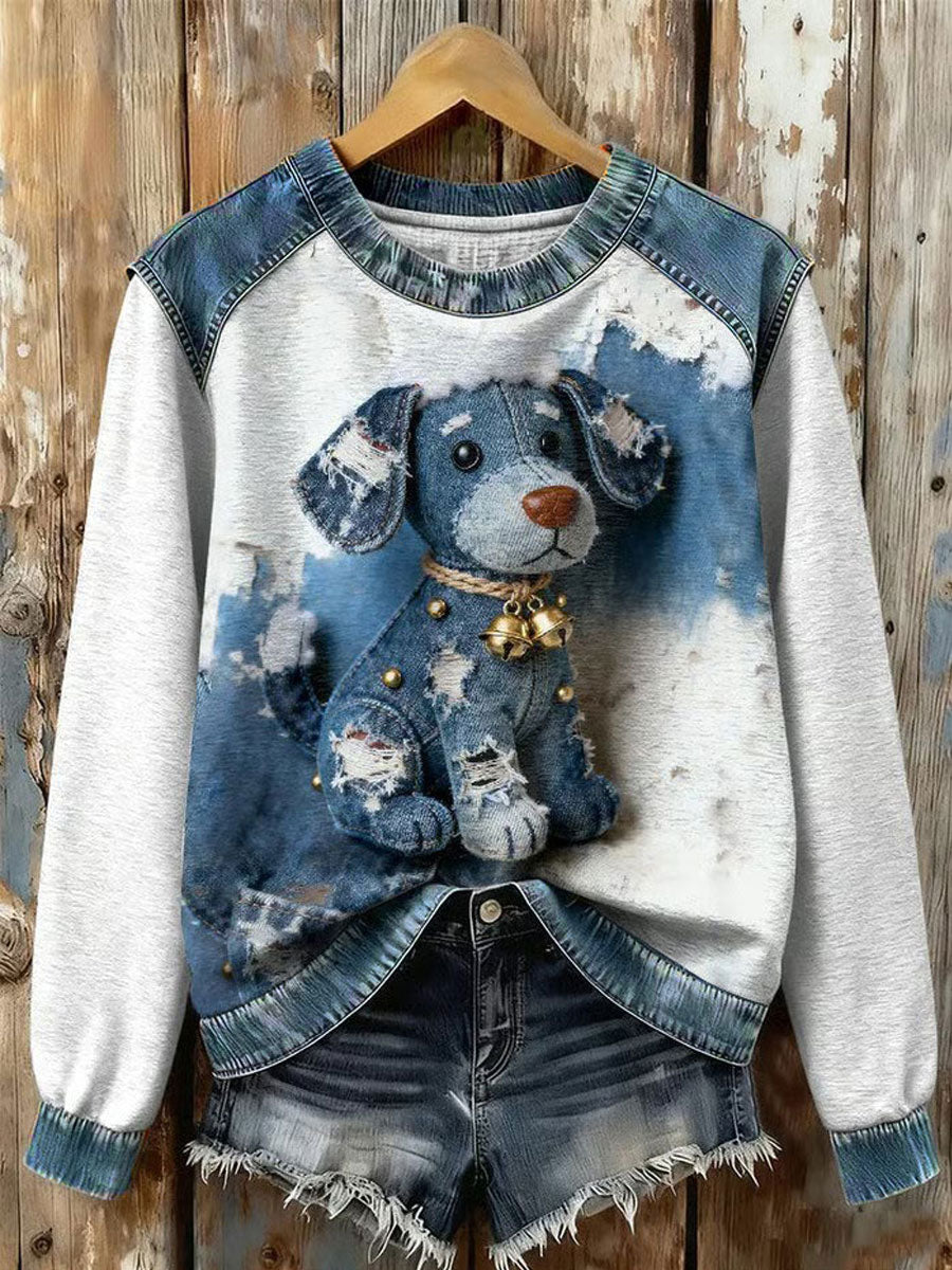 Women's Art Dog Denim Patchwork Sweatshirt gracestitchs