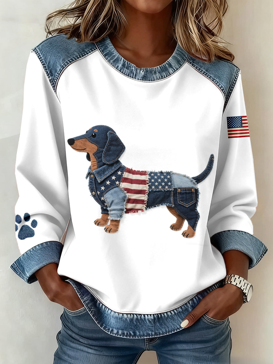 Women's American Flag Inspired Dachshund Dog Pattern Denim Patchwork Sweatshirt gracestitchs