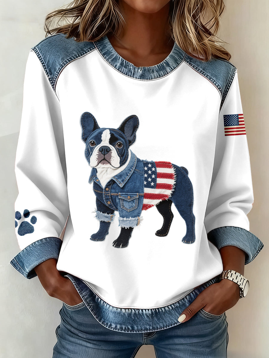 Women's American Flag Inspired French Bulldog Pattern Denim Patchwork Sweatshirt gracestitchs