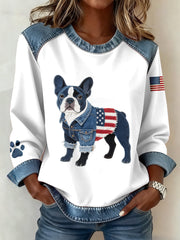 Women's American Flag Inspired French Bulldog Pattern Denim Patchwork Sweatshirt gracestitchs