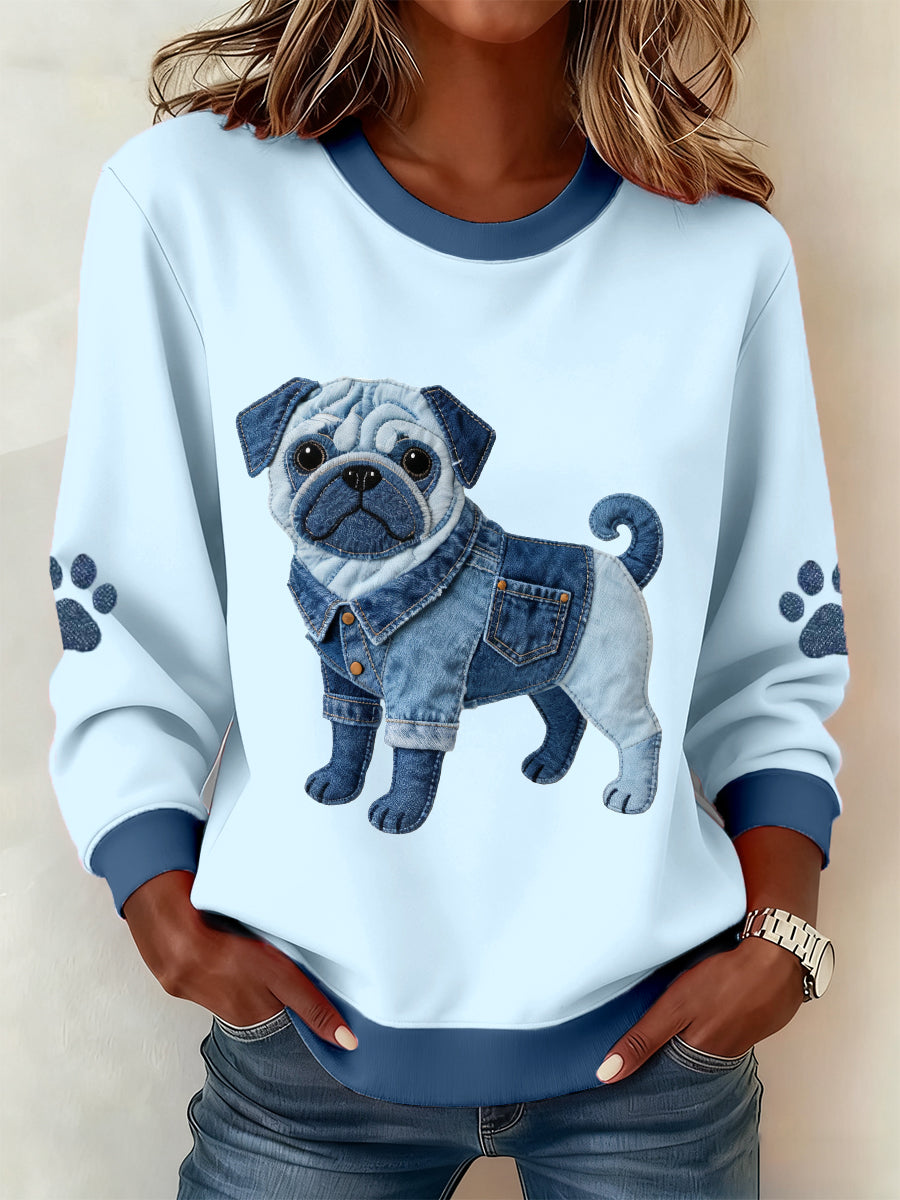 Women's Lovely Pug Dog Denim Patchwork Pattern Sweatshirt gracestitchs