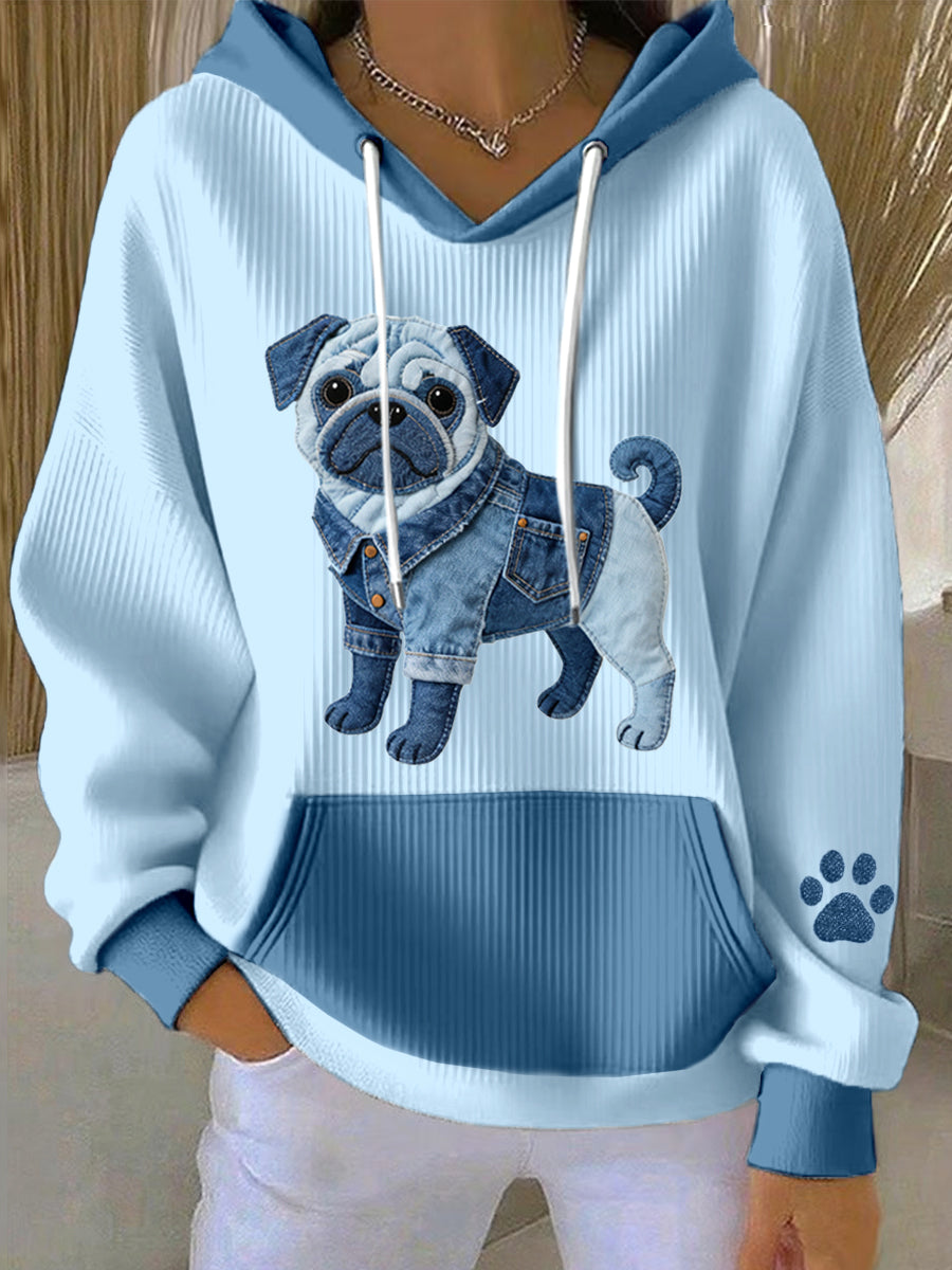Women's Lovely Pug Dog Denim Patchwork Pattern Hoodie gracestitchs