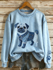 Women's Lovely Pug Dog Denim Patchwork Pattern Sweatshirt gracestitchs