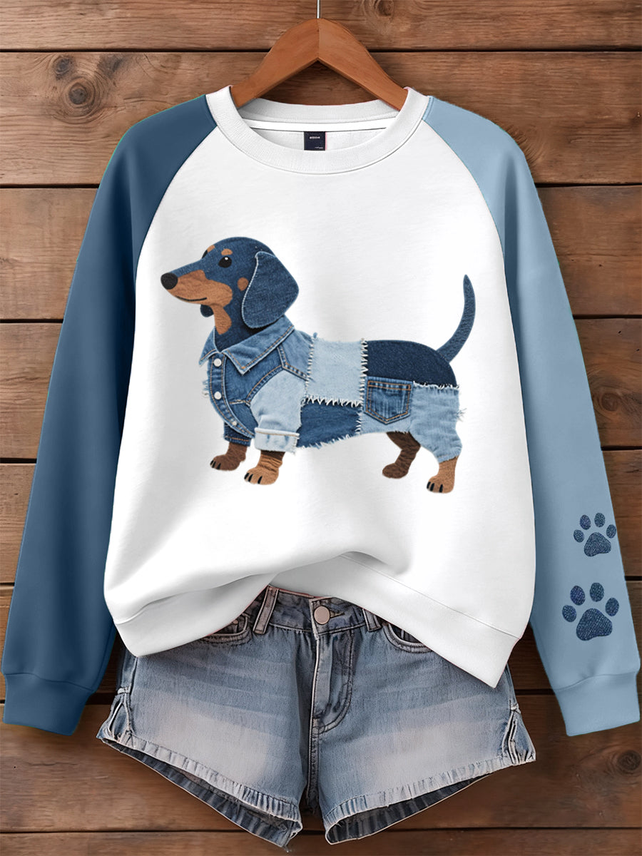 Women's Denim Patchwork Art Dachshund Dog Pattern Sweatshirt gracestitchs