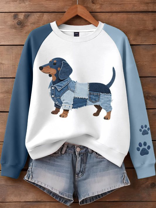 Women's Denim Patchwork Art Dachshund Dog Pattern Sweatshirt gracestitchs