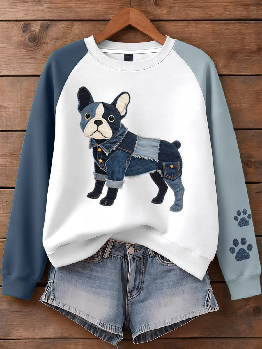 Women's Denim Patchwork Art French Bulldog Pattern Sweatshirt gracestitchs