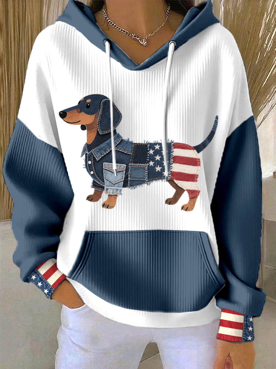 Women's American Flag Inspired Dachshund Denim Patchwork Pattern Hoodie gracestitchs