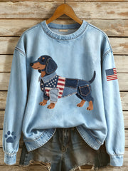 Women's American Flag Inspired Dachshund Dog Denim Patchwork Pattern Sweatshirt gracestitchs