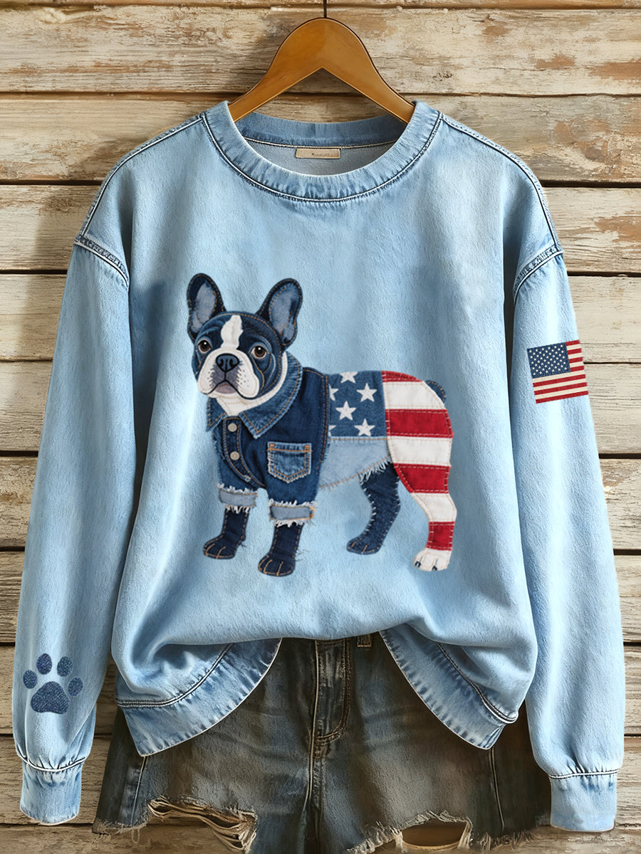 Women's American Flag Inspired French Bulldog Denim Patchwork Pattern Sweatshirt gracestitchs