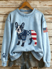 Women's American Flag Inspired French Bulldog Denim Patchwork Pattern Sweatshirt gracestitchs