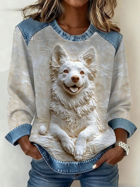 Women's Art Dog Denim Patchwork Sweatshirt