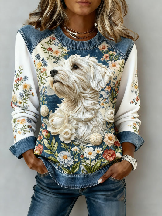 Women's Art Dog Denim Patchwork Sweatshirt