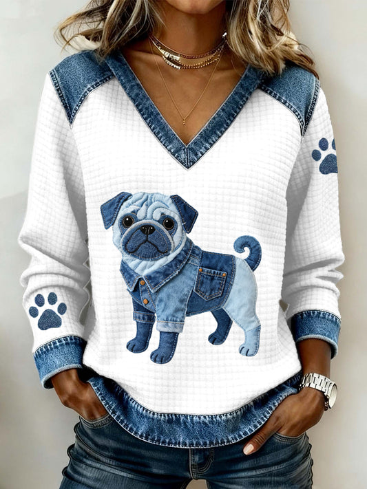 Women's Lovely Pug Dog Pattern Denim Patchwork V-Neck Top