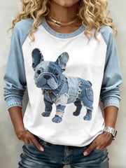 Women's Lovely French Bulldog Pattern Denim Patchwork Sweatshirt