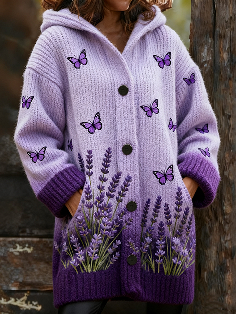 Women's Winter Warm Lavender Gradient Purple Composite Fleece Long Coat gracestitchs