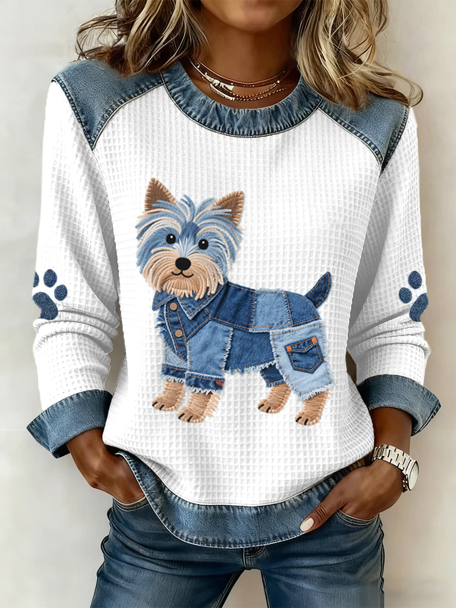 Women's Lovely Yorkshire Terrier Dog Pattern Denim Patchwork Waffle Sweatshirt