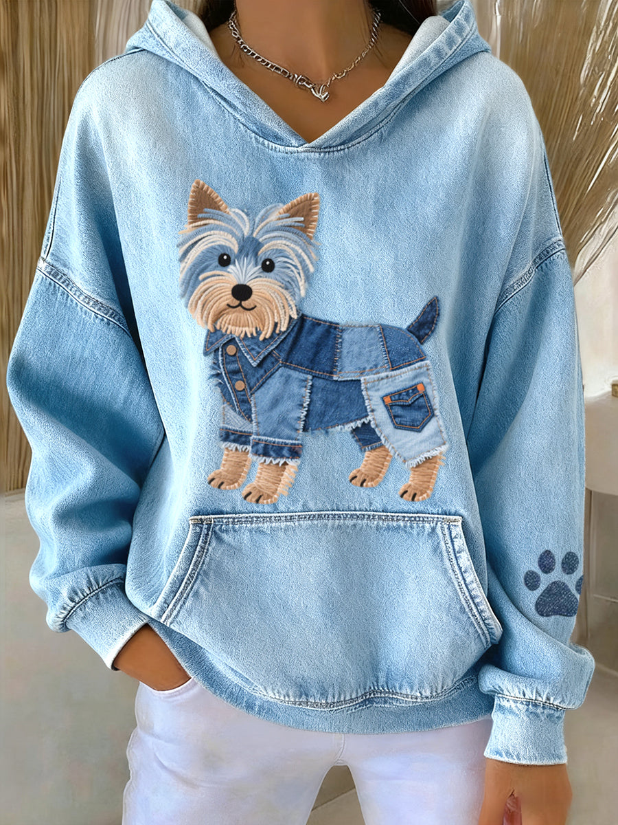 Women's Denim Patchwork Art Yorkshire Terrier Dog Pattern Hoodie