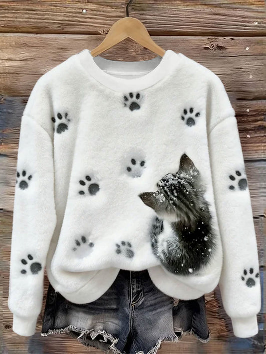 Women's Funny Cat  Art Print Casual Flannel Hoodie