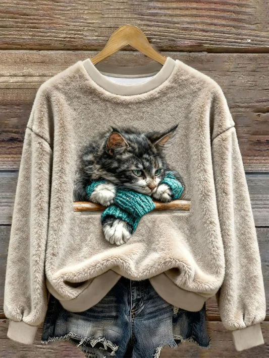 Women's Funny Cat  Art Print Casual Flannel Hoodie