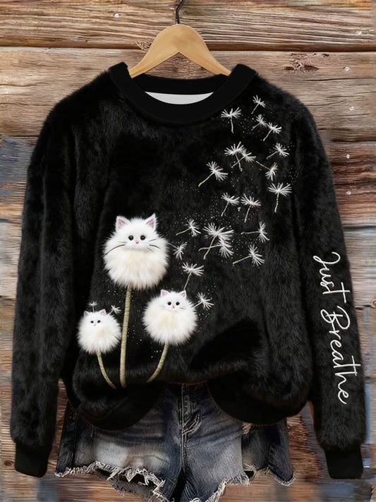 Women's Just Breathe Fuzzy Cat & Dandelion Cozy Flannel Hoodie
