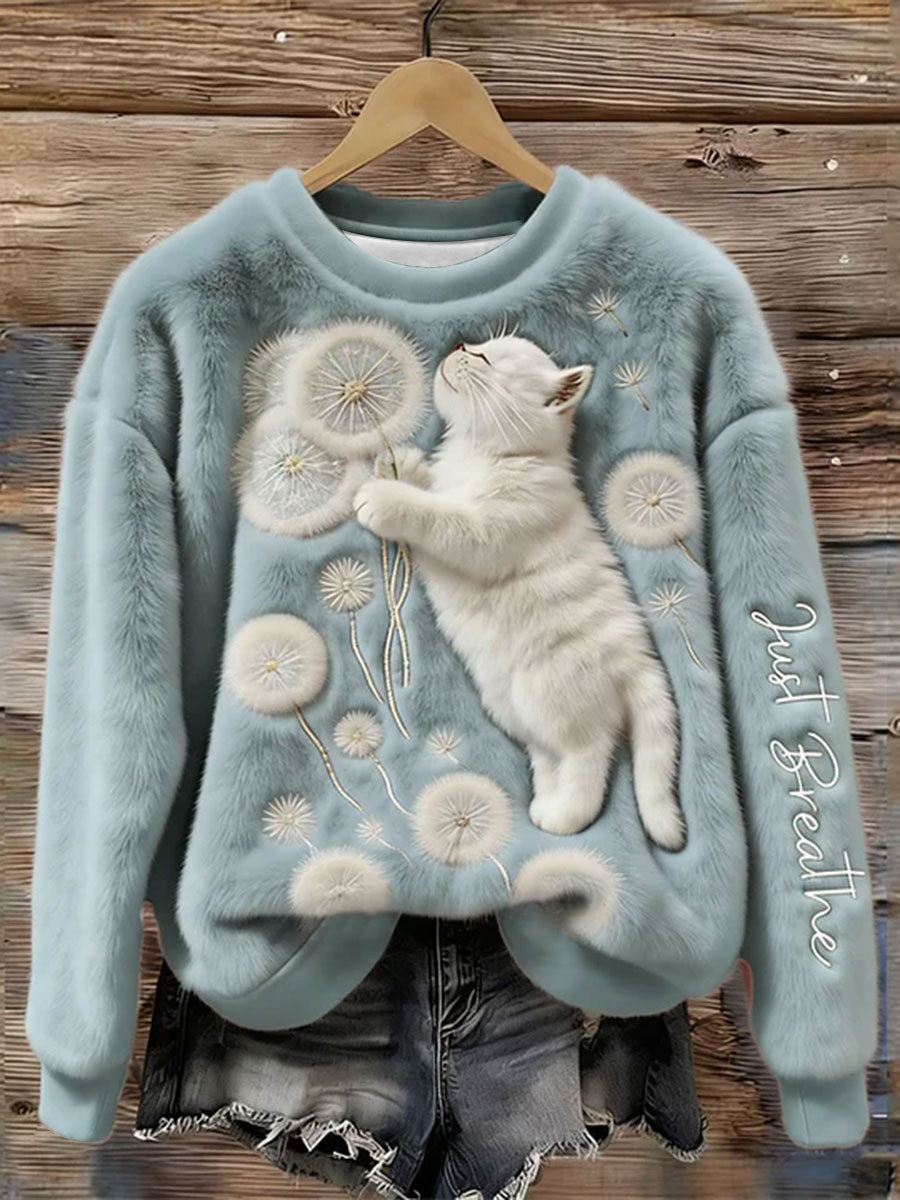 Women's Just Breathe Fuzzy Cat & Dandelion Cozy Flannel Hoodie gracestitchs