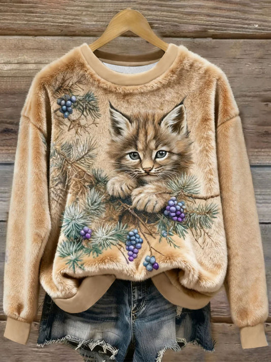 Women's Funny Cat  Art Print Casual Flannel Hoodie