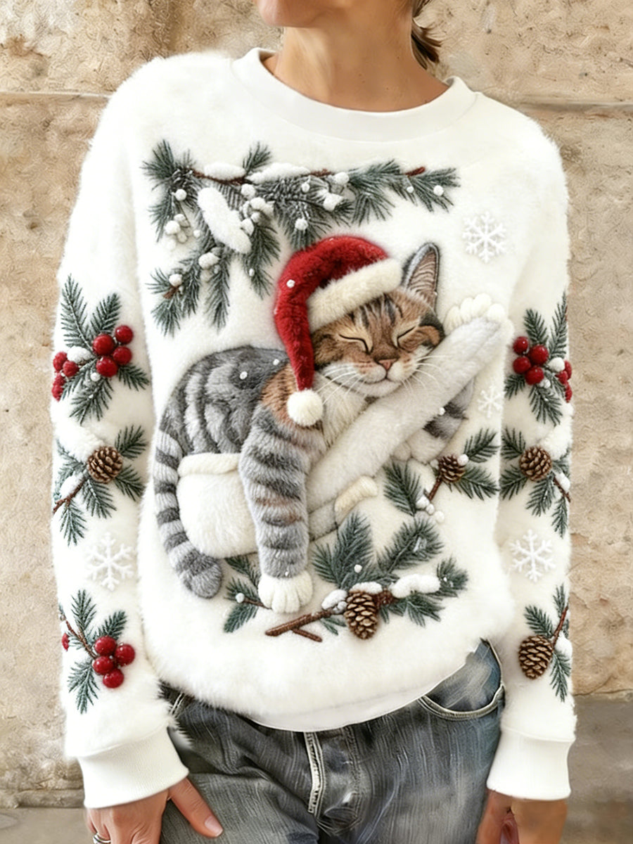 Women's Cute Christmas Cat Art Print Casual Flannel Hoodie gracestitchs