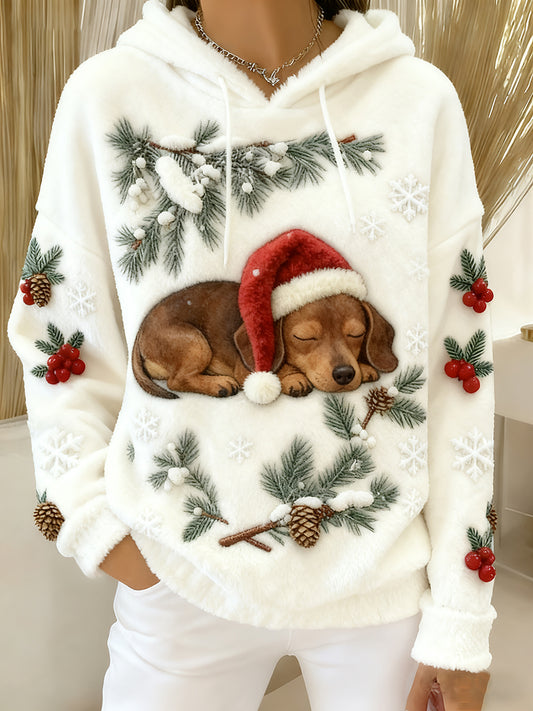 Women's Christmas Cute Sausage Dog Flannel Hoodie