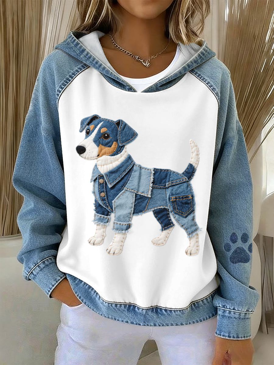 Women's Denim Patchwork Art Jack Russell Terrier Dog Pattern Hoodie
