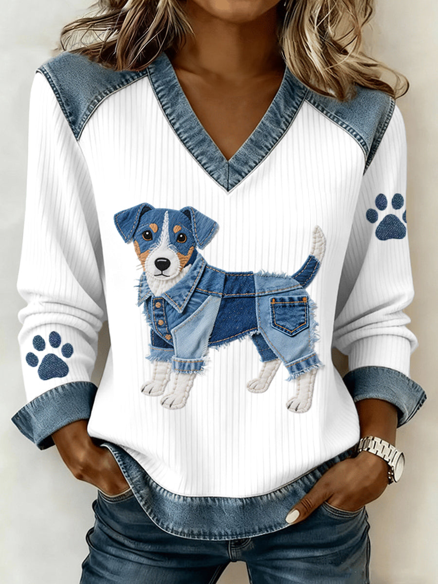 Women's Lovely Jack Russell Terrier Dog Pattern Denim Patchwork V-Neck Top