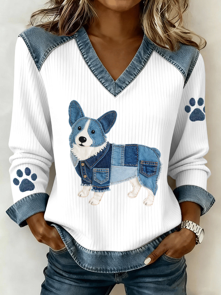 Women's Lovely Corgi Dog Pattern Denim Patchwork V-Neck Top gracestitchs