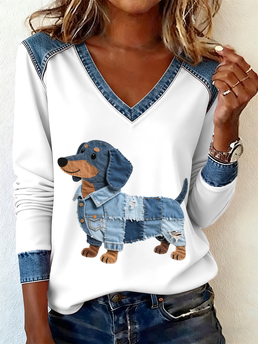 Women's Denim Patchwork Art Dachshund Dog Pattern V-neck Long Sleeve T-Shirt