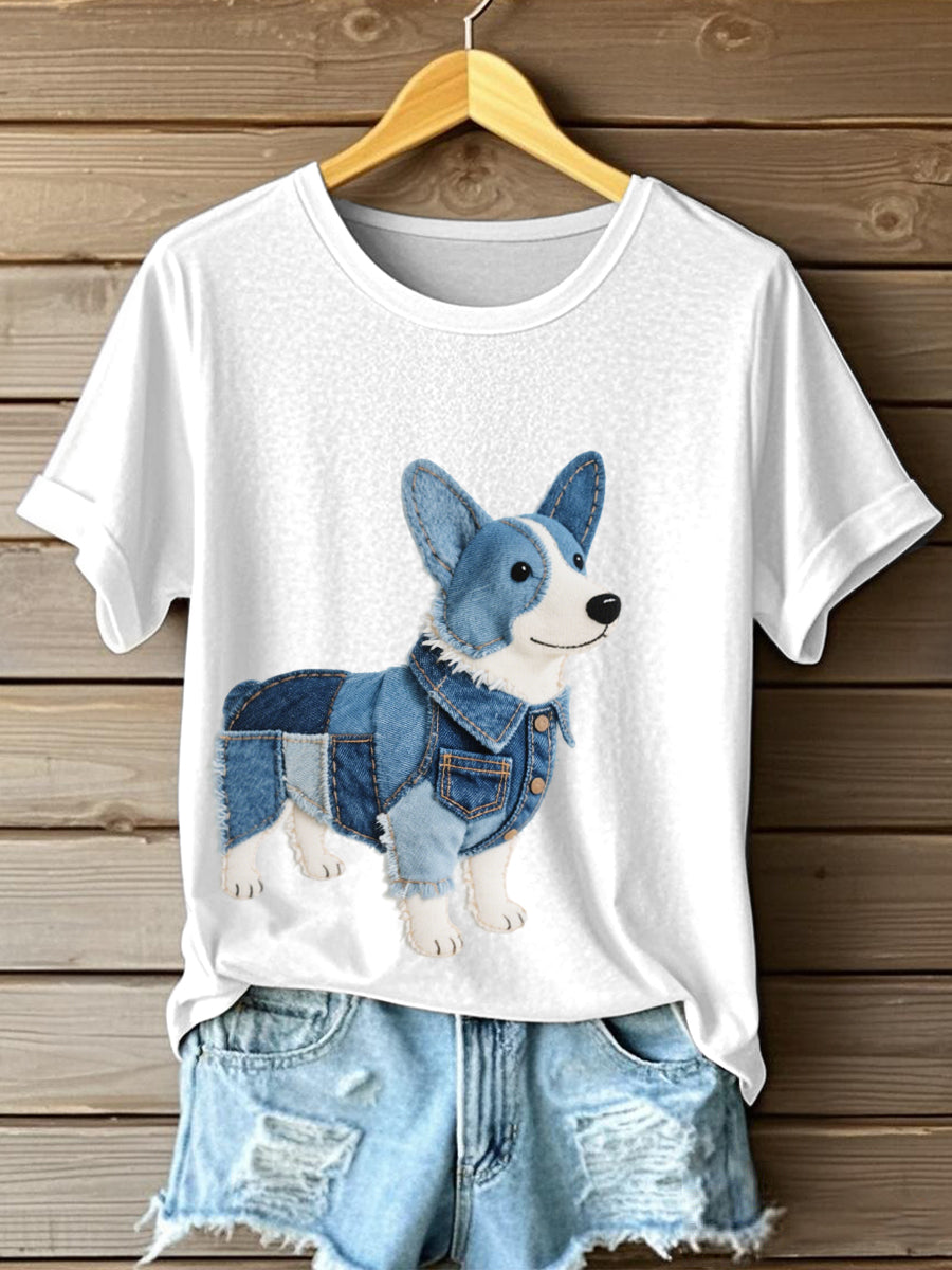 Women's Lovely Corgi Dog Denim Patchwork Pattern T-Shirt gracestitchs