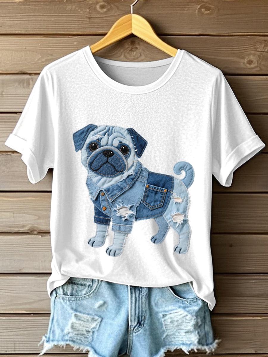 Women's Lovely Pug Dog Denim Patchwork Pattern T-Shirt gracestitchs