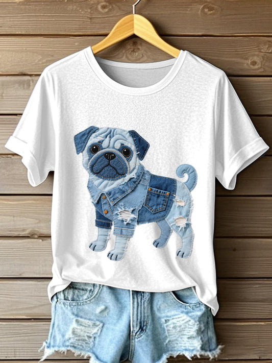 Women's Lovely Pug Dog Denim Patchwork Pattern T-Shirt