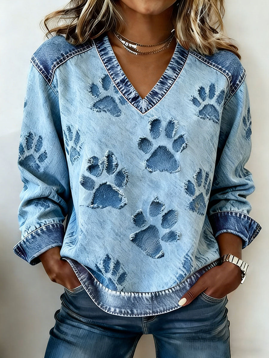 Women's dog paw print V-neck sweatshirt gracestitchs
