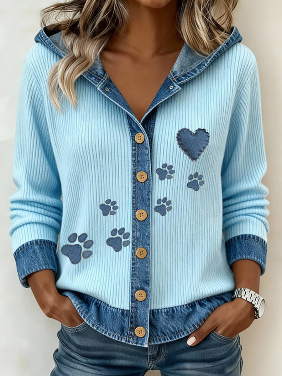 Women's Paw Print Denim Patchwork Cardigan gracestitchs