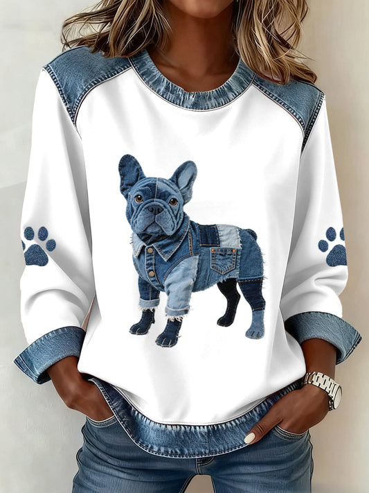 Women's Lovely French Bulldog Pattern Denim Patchwork Sweatshirt gracestitchs