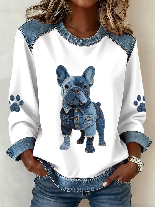 Women's Lovely French Bulldog Pattern Denim Patchwork Sweatshirt gracestitchs