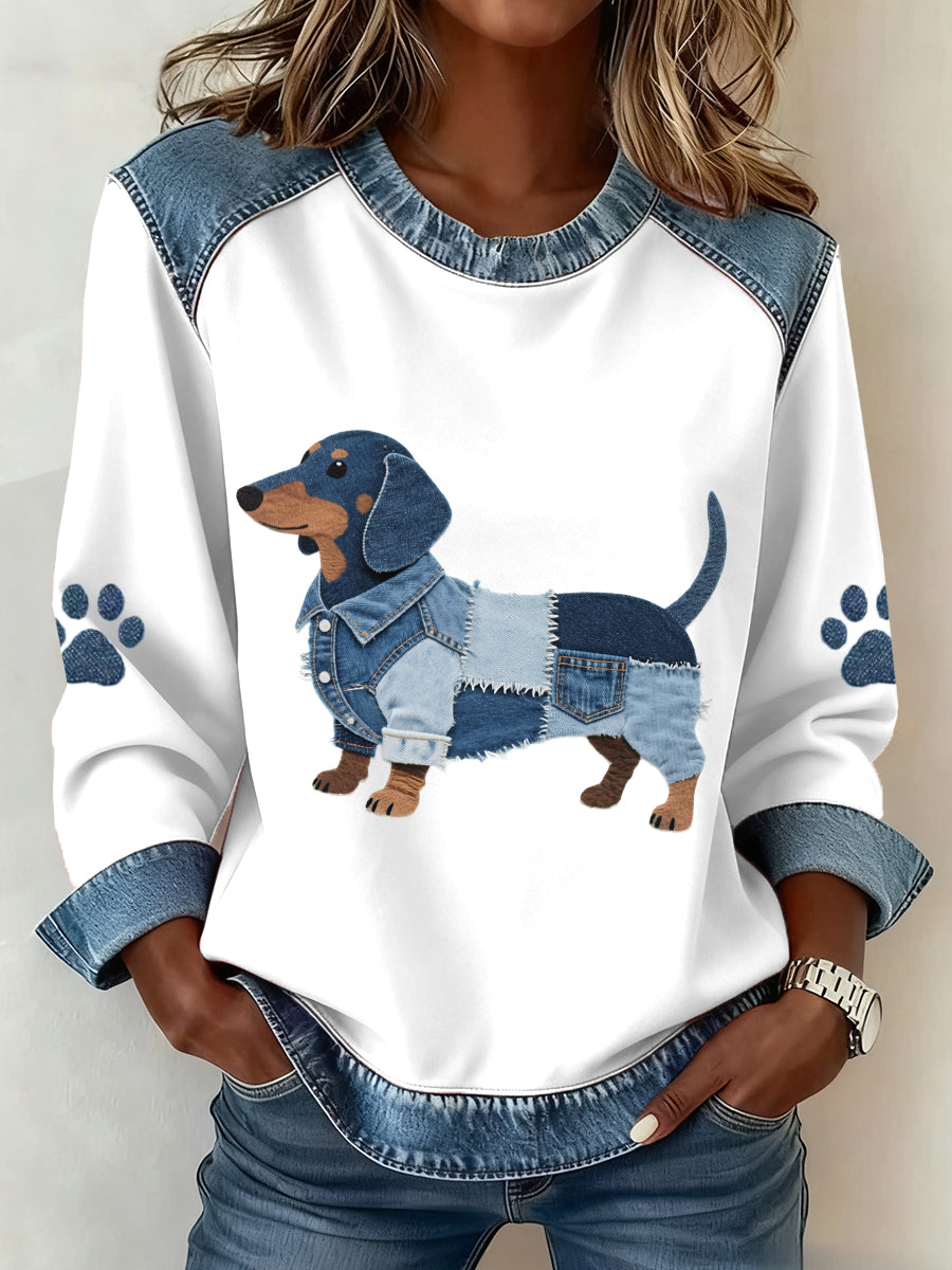 Women's Lovely Dachshund Dog Pattern Denim Patchwork Sweatshirt gracestitchs