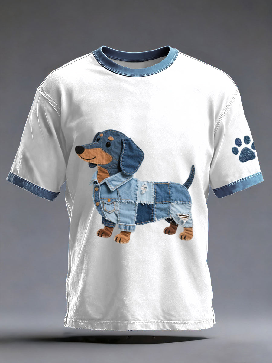 Men's Denim Patchwork Art Dachshund Dog Pattern Washed T-Shirt gracestitchs